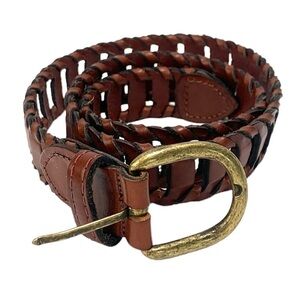 Woven Cowhide Leather Belt With Brass Buckle - Brown, Made in Argentina, Sz Sm